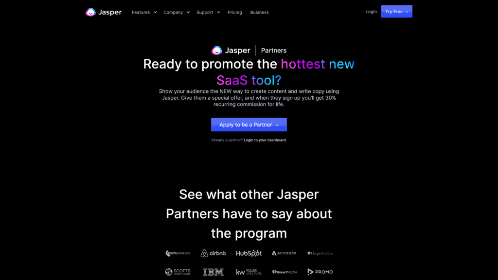 screenshot of the jasper affiliate program homepage