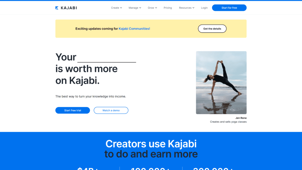 screenshot of the kajabi homepage