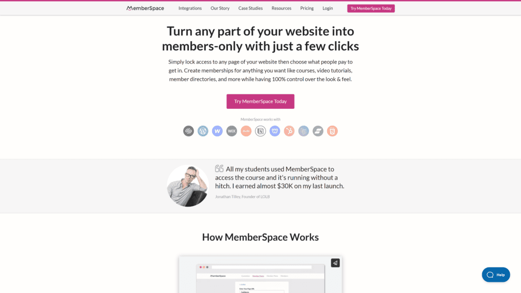 screenshot of the memberspace homepage
