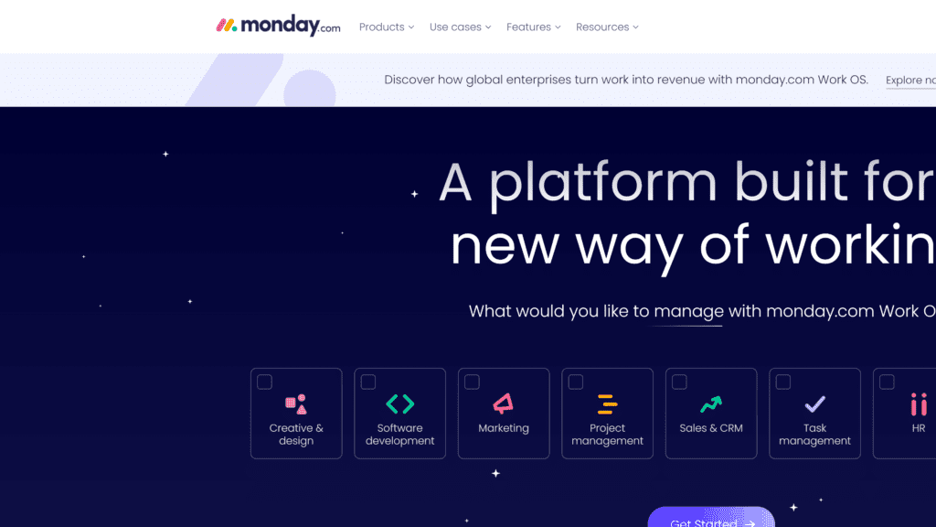 screenshot of the monday.com homepage