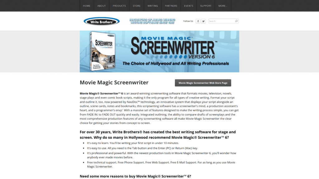 screenshot of the movie magic screenwriter homepage