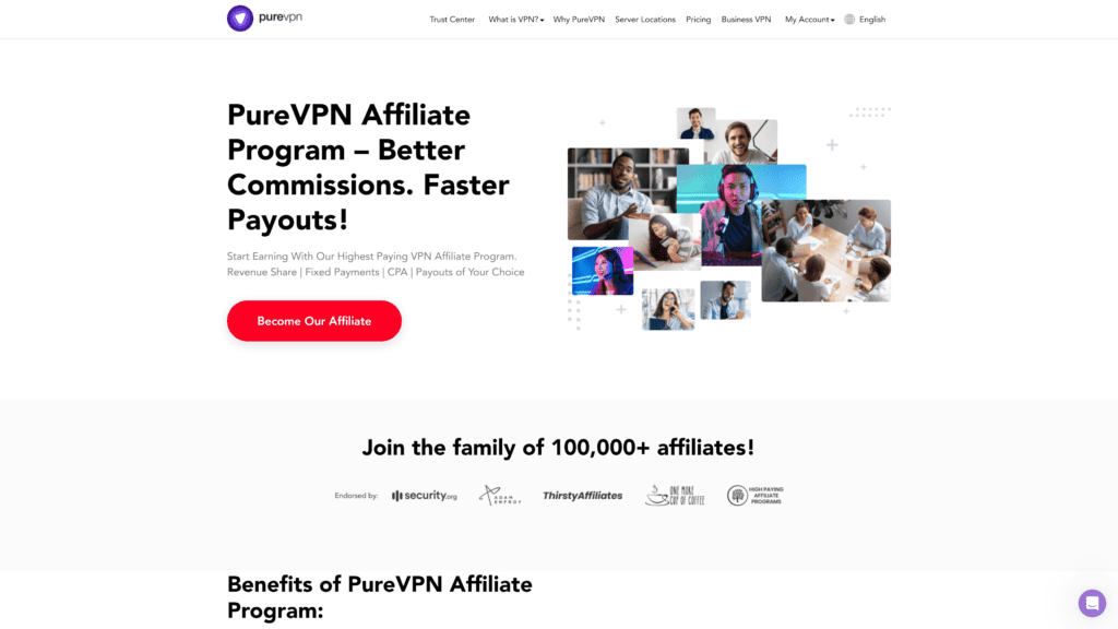 screenshot of the purevpn affiliate program homepage
