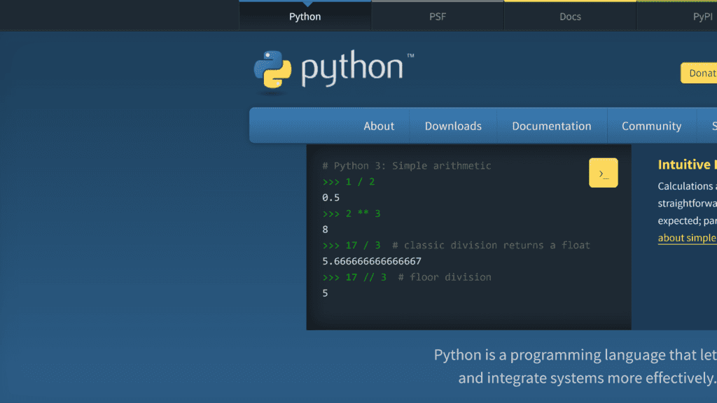screenshot of the python homepage