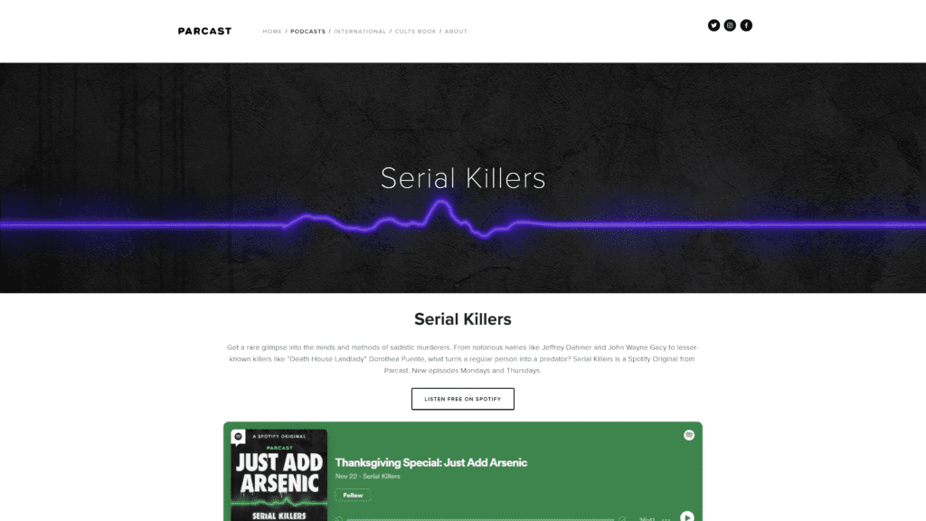 screenshot of the serial killers homepage