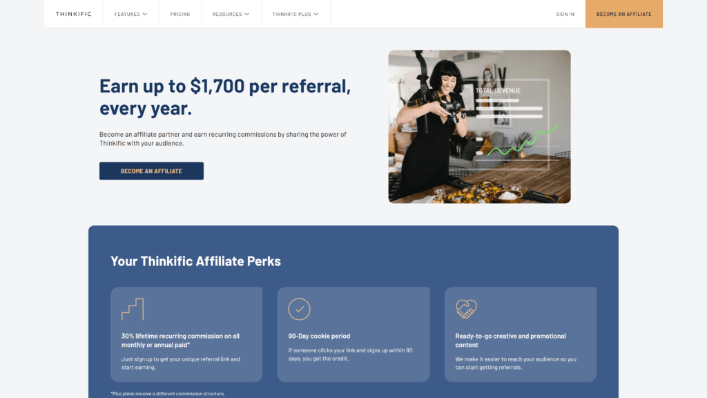 screenshot of thinkific affiliate program homepage