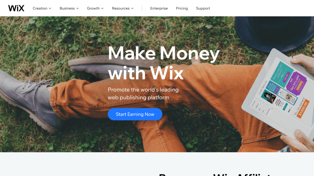 screenshot of the wix affiliate program homepage