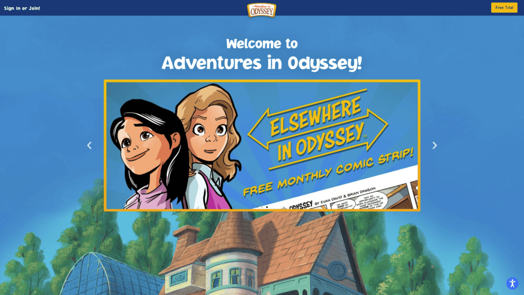 screenshot of the adventures in odyssey homepage