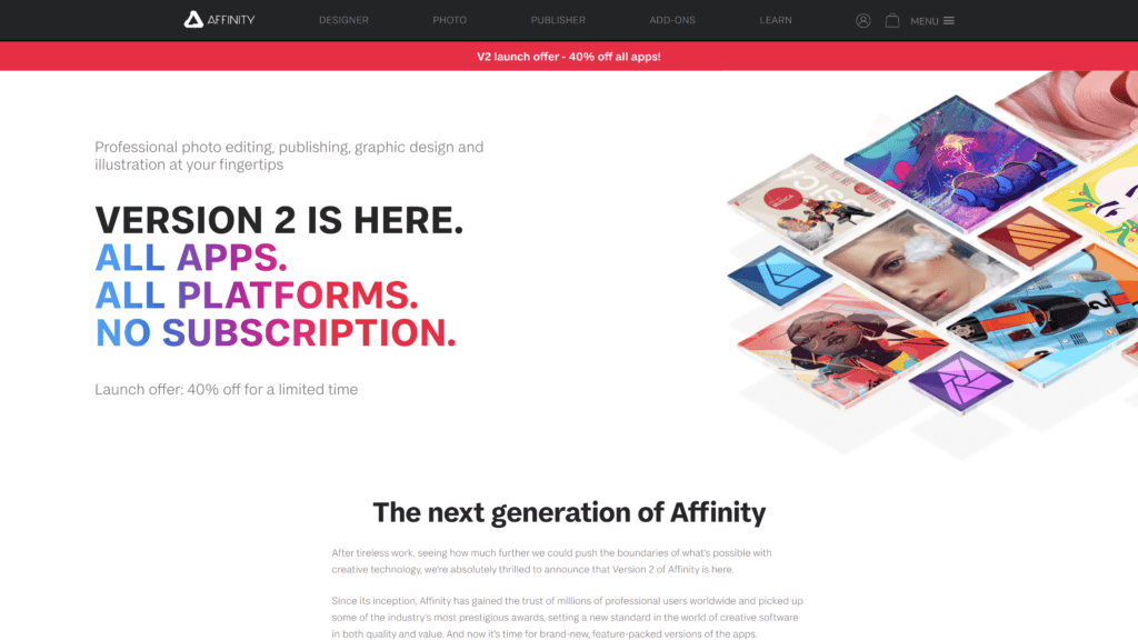 a screenshot of the affinity serift homepage