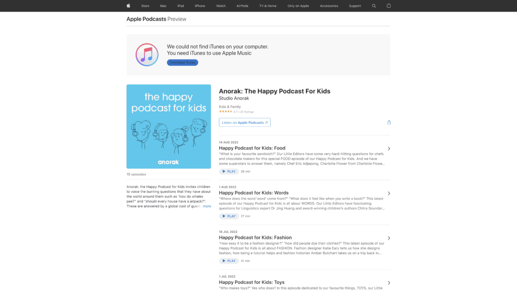 anorak the happy podcast for kids homepage screenshot 1