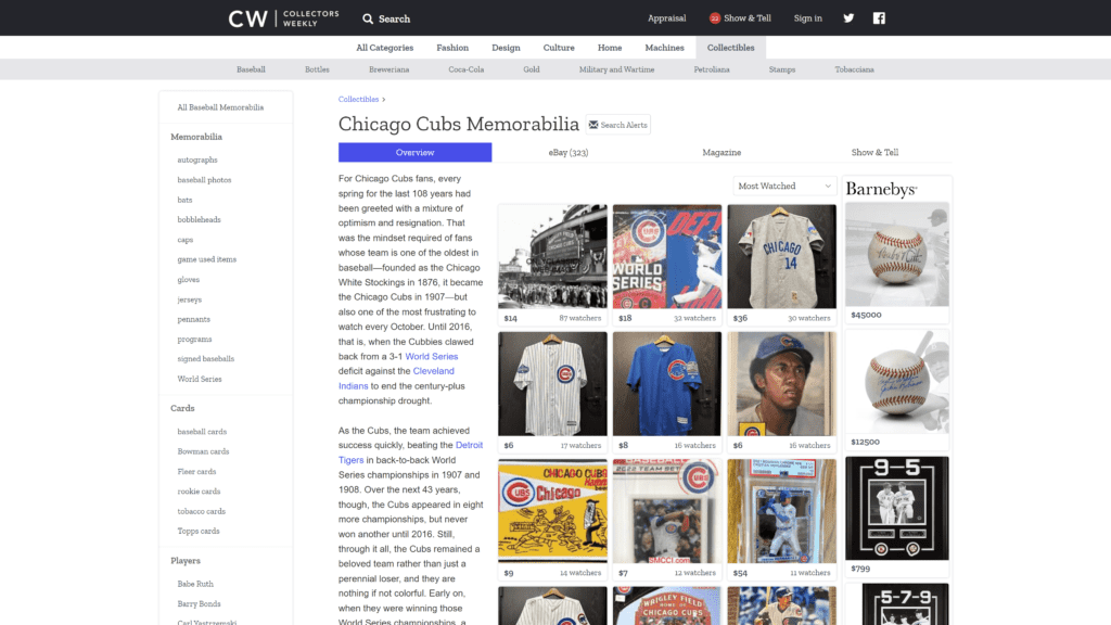 screenshot of the collectors weekly homepage