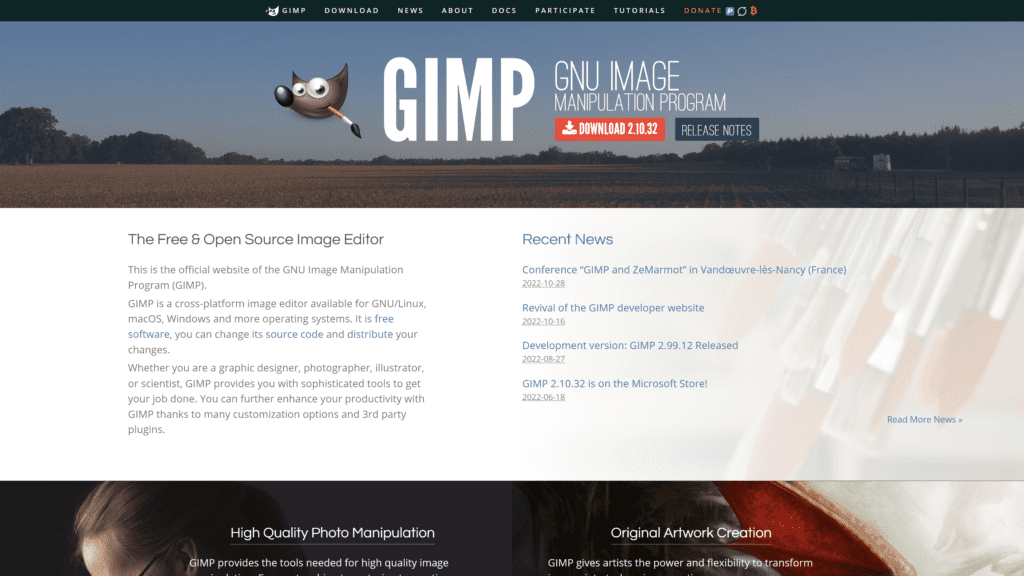 screenshot of the gimp homepage