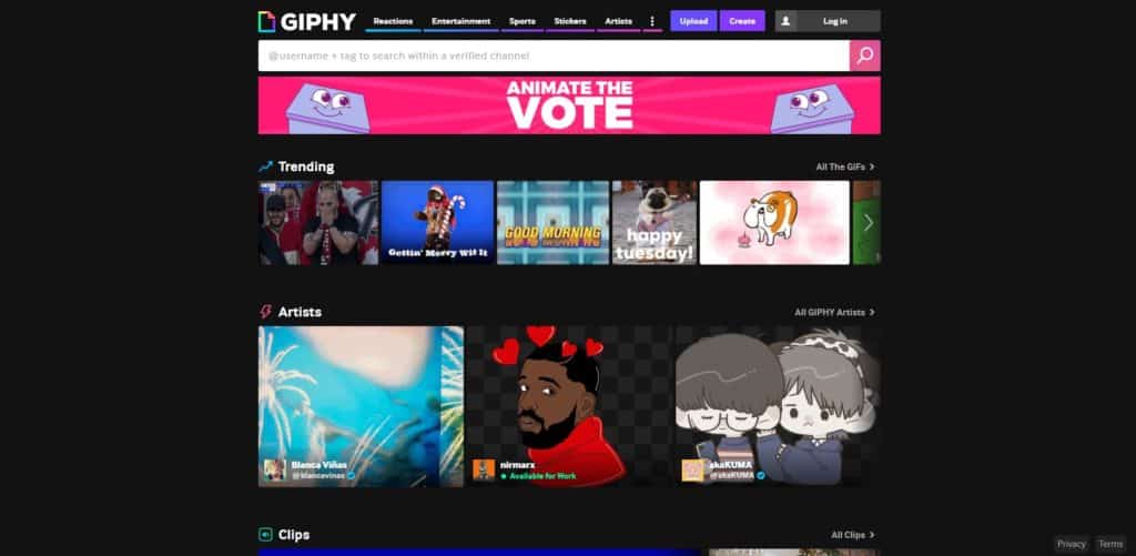 screenshot of the giphy.com homepage