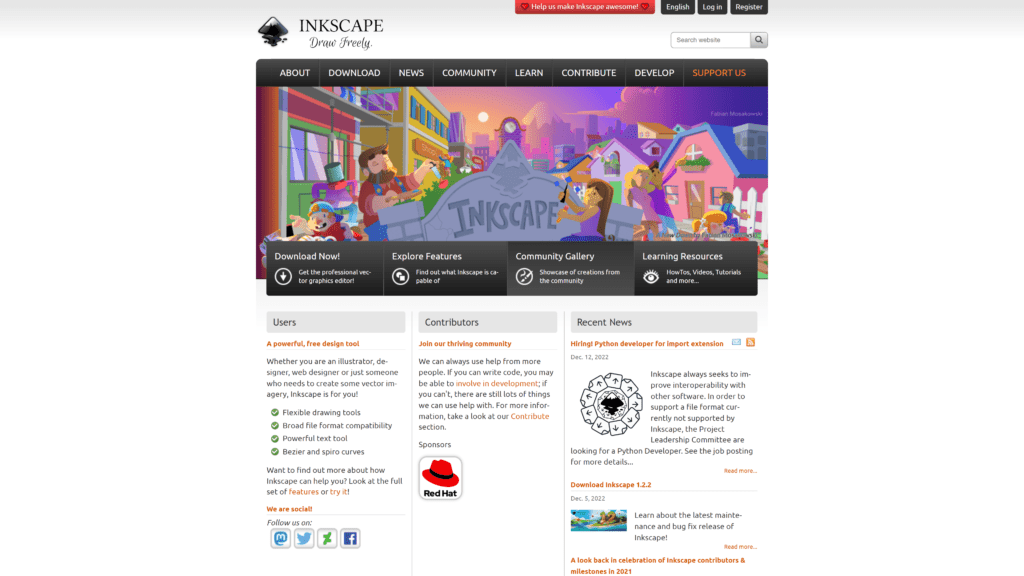 A screenshot of the inkscape homepage