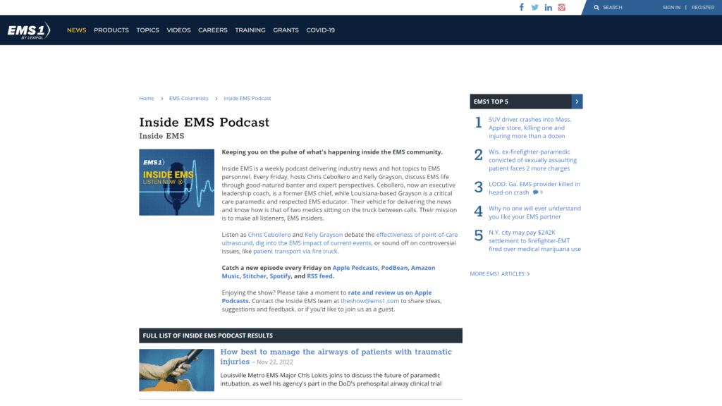 screenshot of the Inside EMS Podcast homepage
