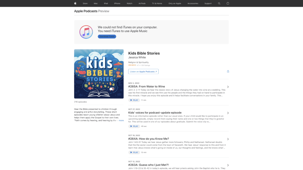 screesnhot of the kids bible stories podcast homepage