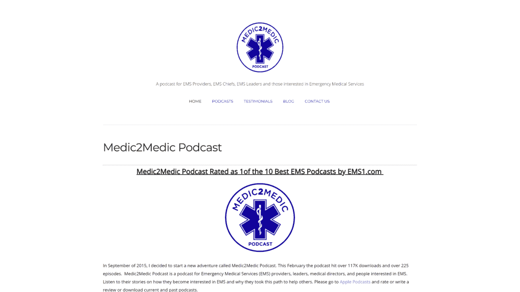 screenshot of the medic2medic podcast homepage
