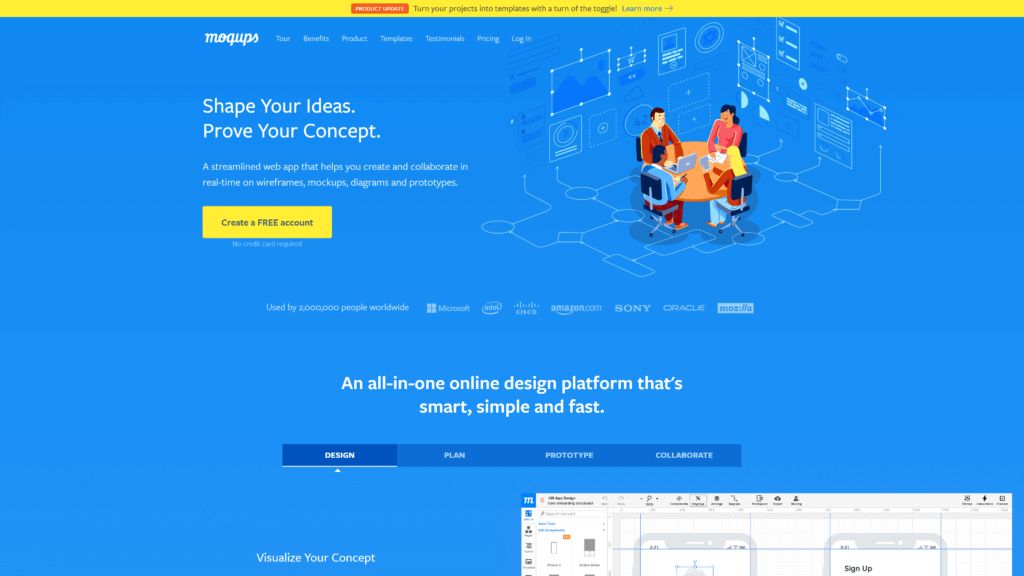 A screenshot of the moqups homepage