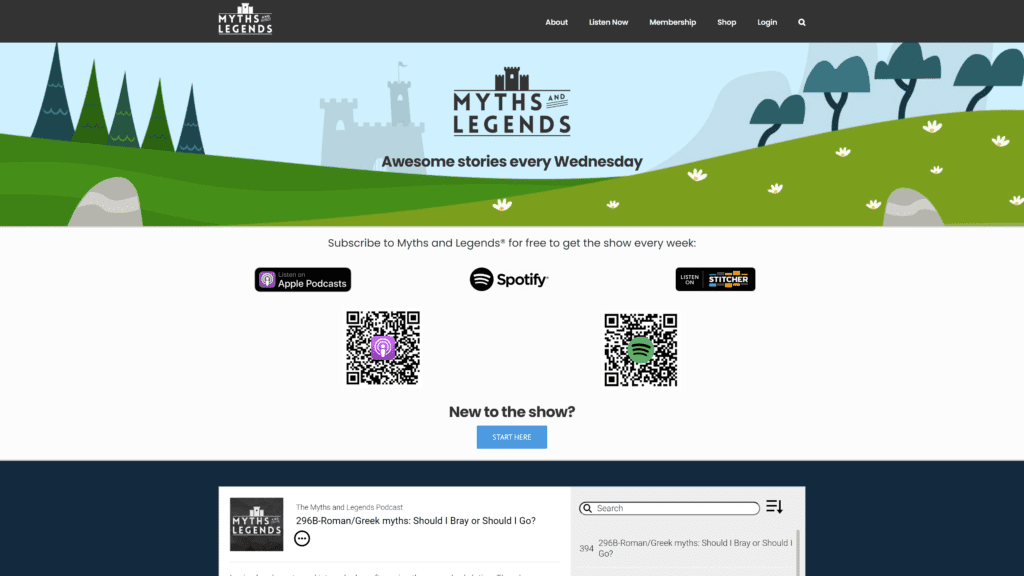 screenshot of the myths and legends homepage