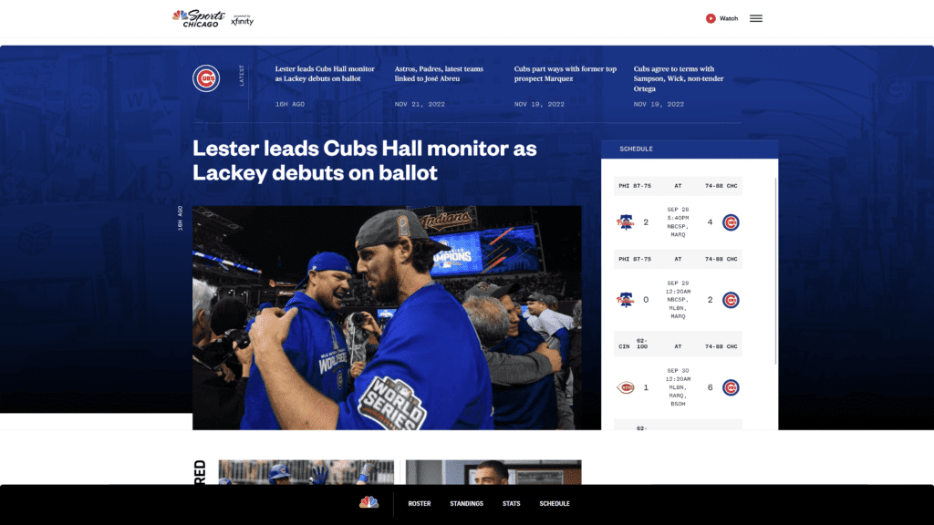 screenshot of the NBC sports homepage