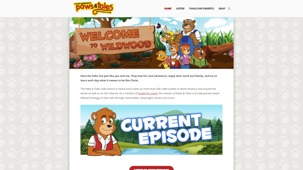 screenshot of the paws and tales homepage