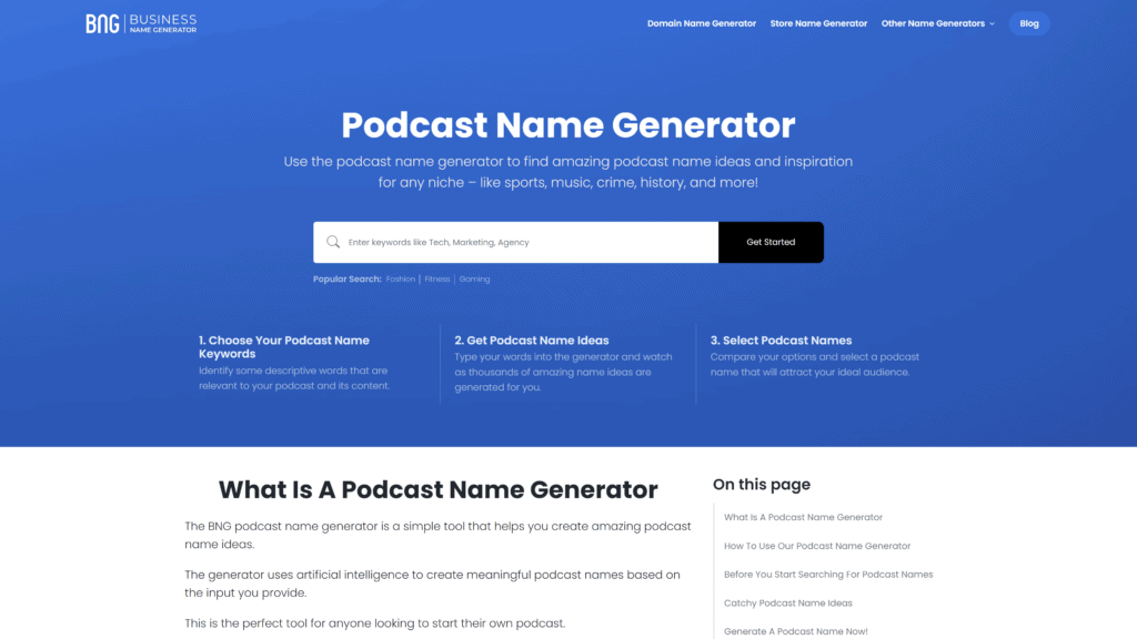 podcast name generator homepage screenshot 1
