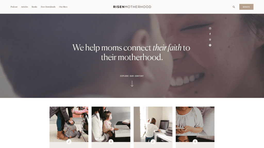 screenshot of the risen motherhood homepage