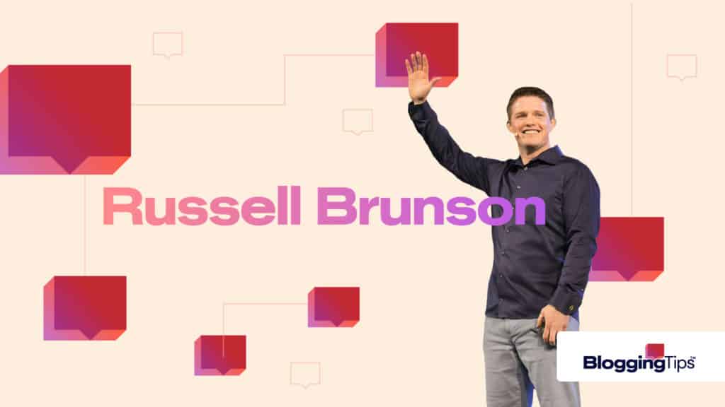 vector graphic showing an illustration of russell brunson standing in front of bloggingtips-themed graphics