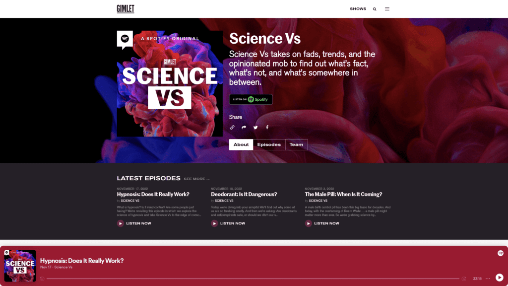 screenshot of the science-vs homepage