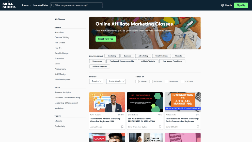 skillshare affiliate marketing homepage screenshot 1