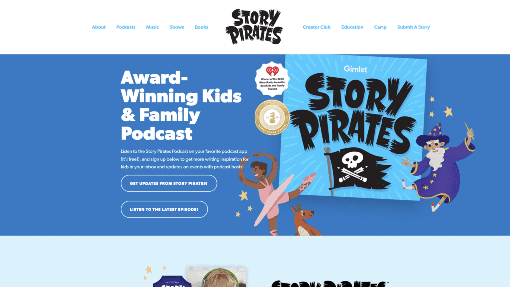 screenshot of the story pirates homepage