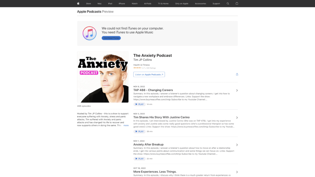 the anxiety podcast homepage screenshot 1