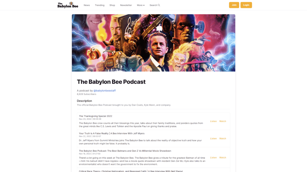 the babylon bee podcast homepage screenshot 1