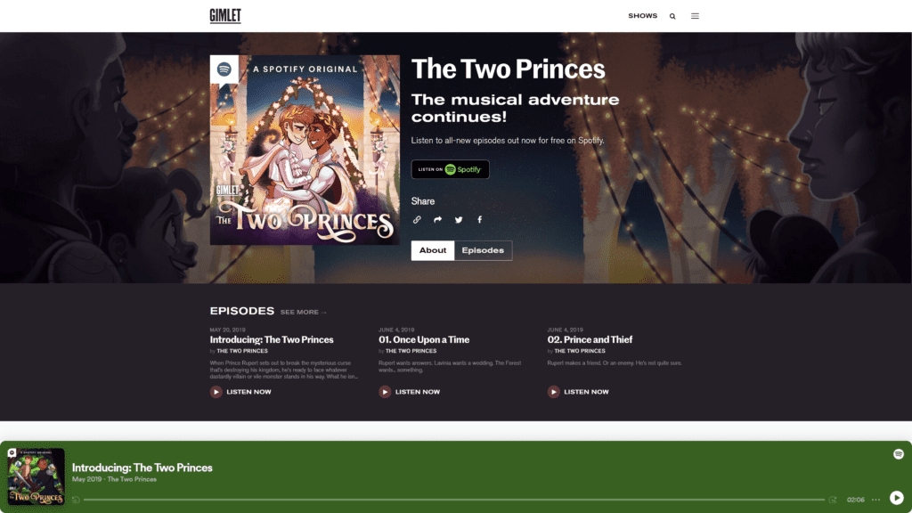 screenshot of the two princes homepage