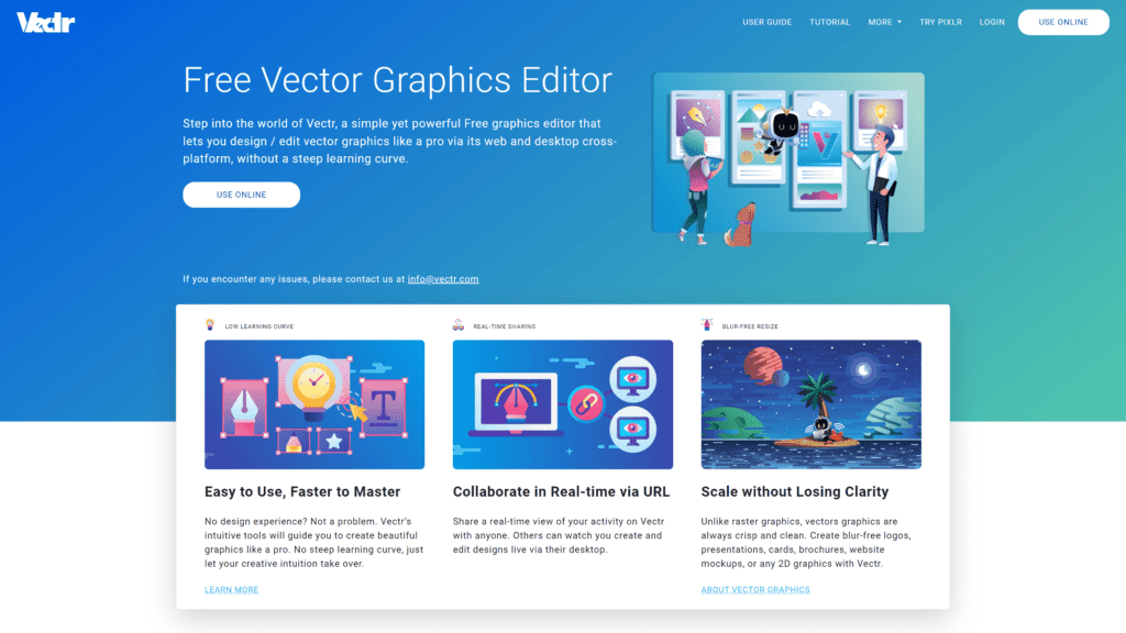 A screenshot of the vectr homepage