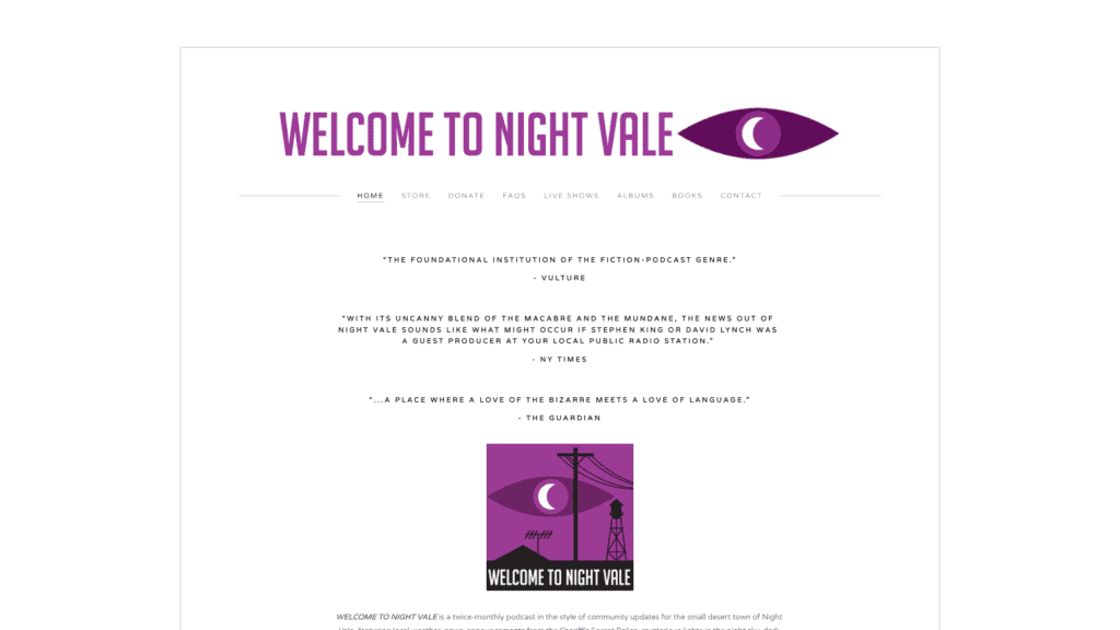 screenshot of the welcometonightvale homepage