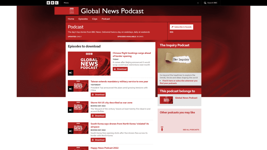 screenshot of the Global News Podcast homepage