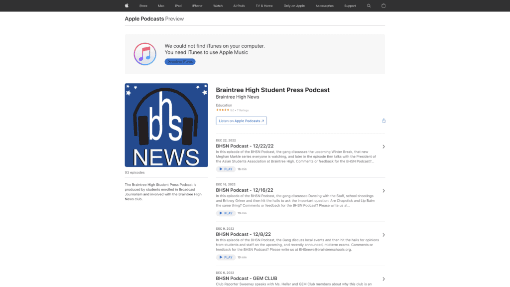 screenshot of the Braintree High Student Press Podcast homepage