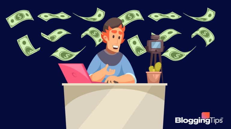 vector graphic showing a generic-looking graphic of how to make money vlogging - a man sitting at a computer with money coming out of it