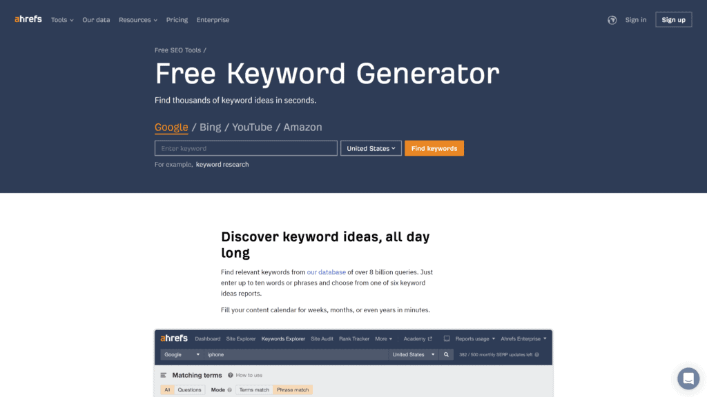 keyword generator homepage screenshot 1