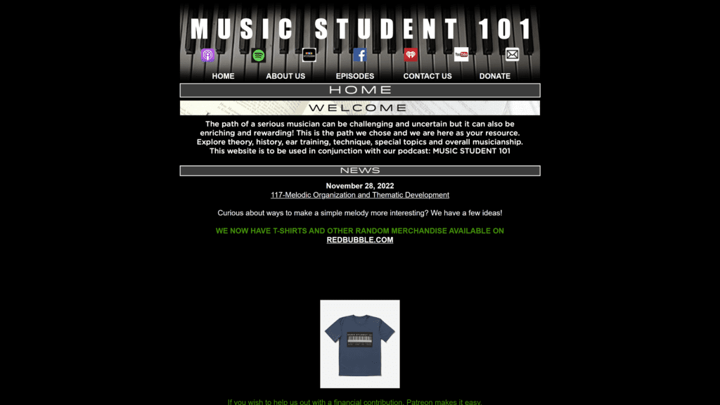 screenshot of the music student 101 homepage