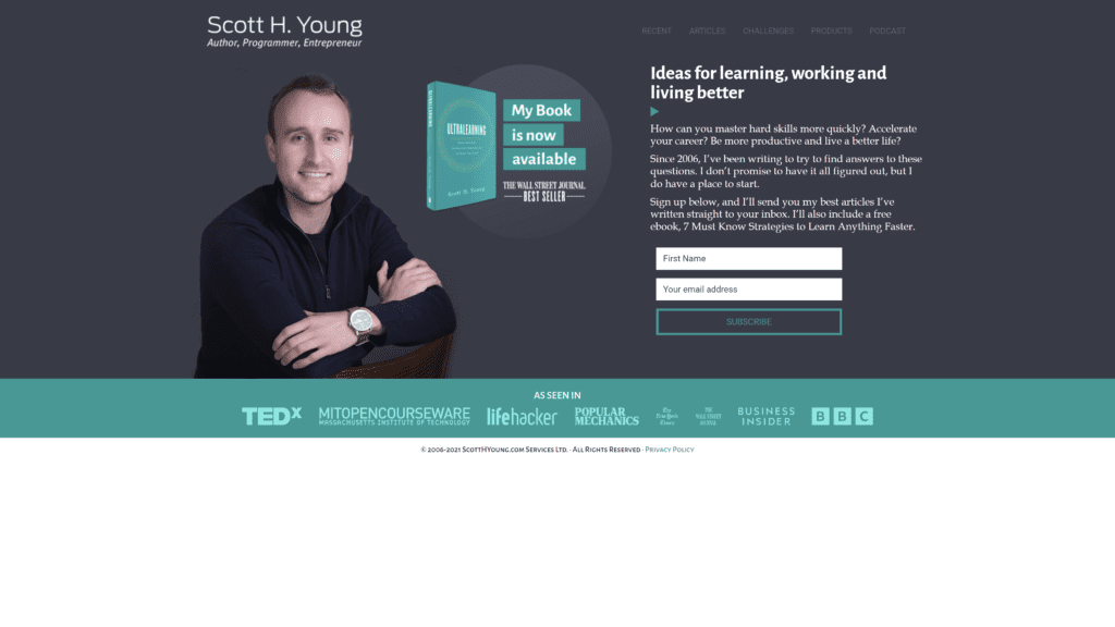 screenshot of the scott H. Young homepage
