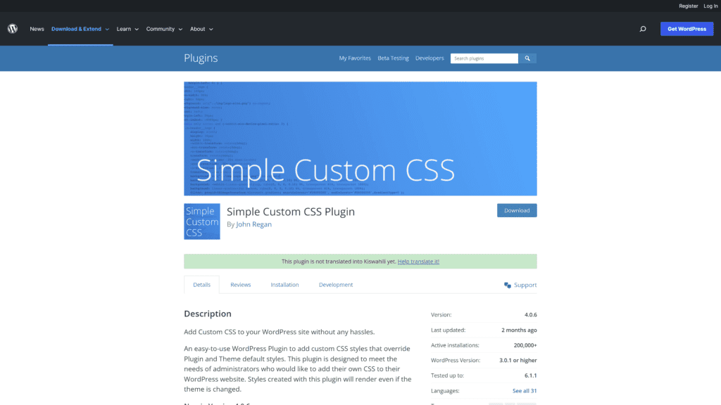 screenshot of the simple-custom-css homepage