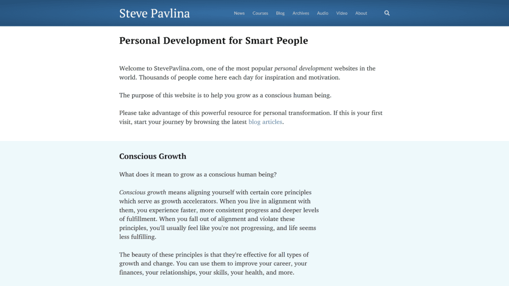 screenshot of the steve pavlina homepage