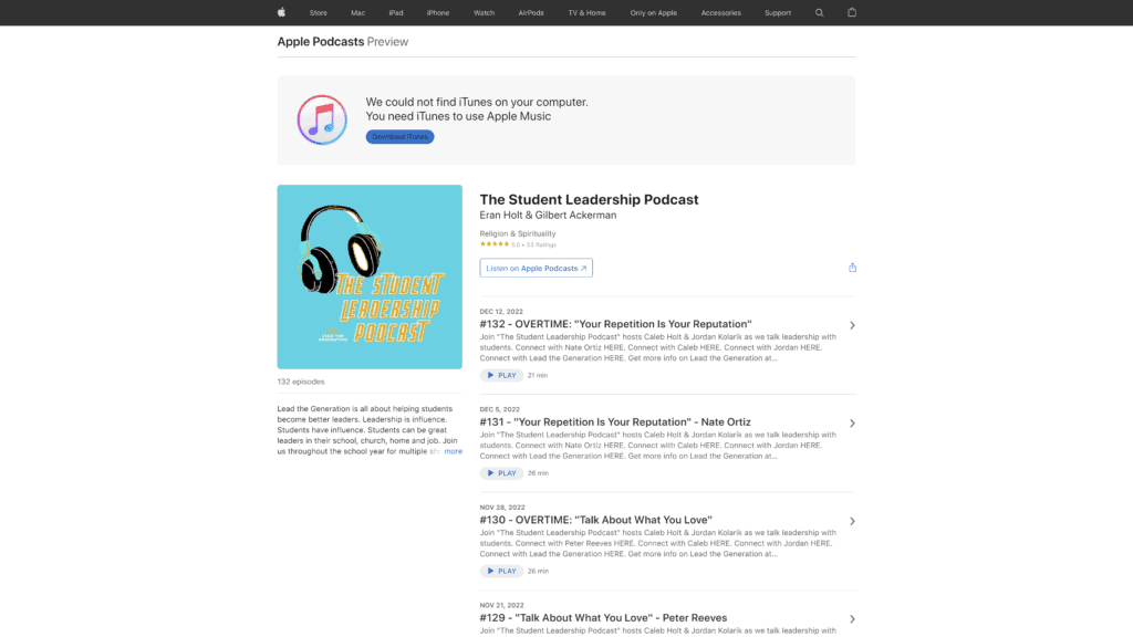 screenshot of the Student Leadership Podcast homepage