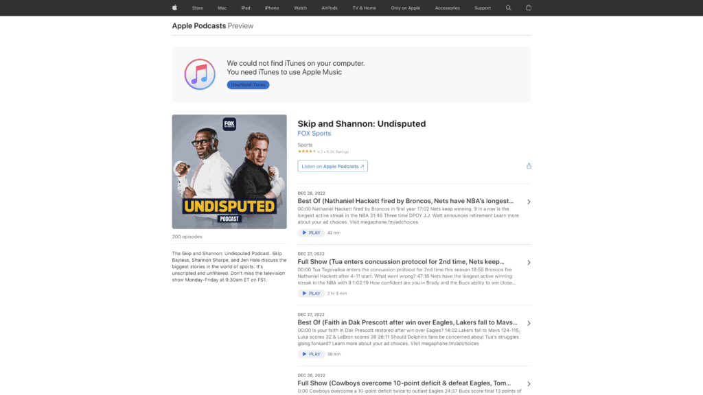 screenshot of the Skip and Shannon Undisputed Podcast homepage