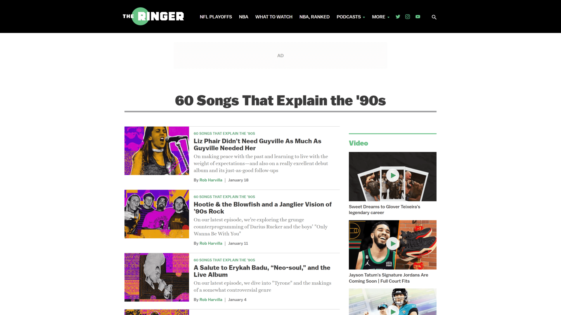 screenshot of the60 songs that explain the 90's homepage