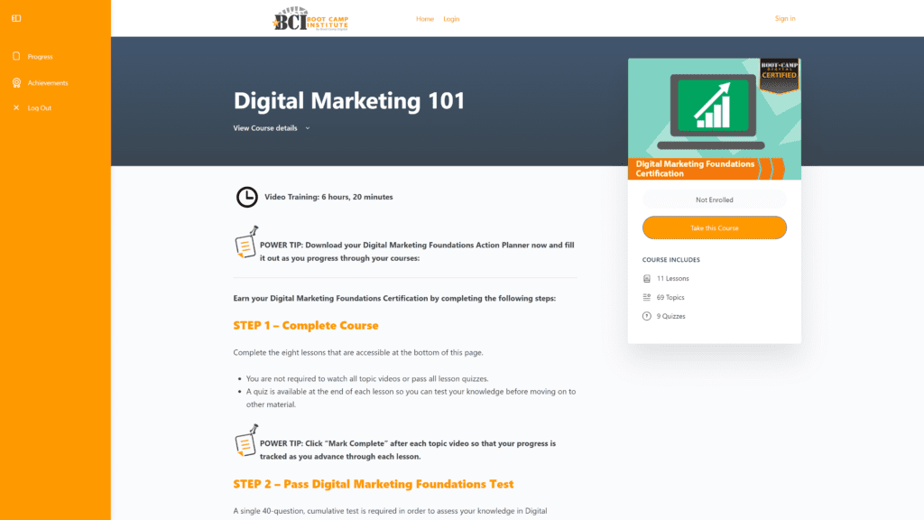 A screenshot of the Digital Marketing 101 by Boot Camp Institute homepage
