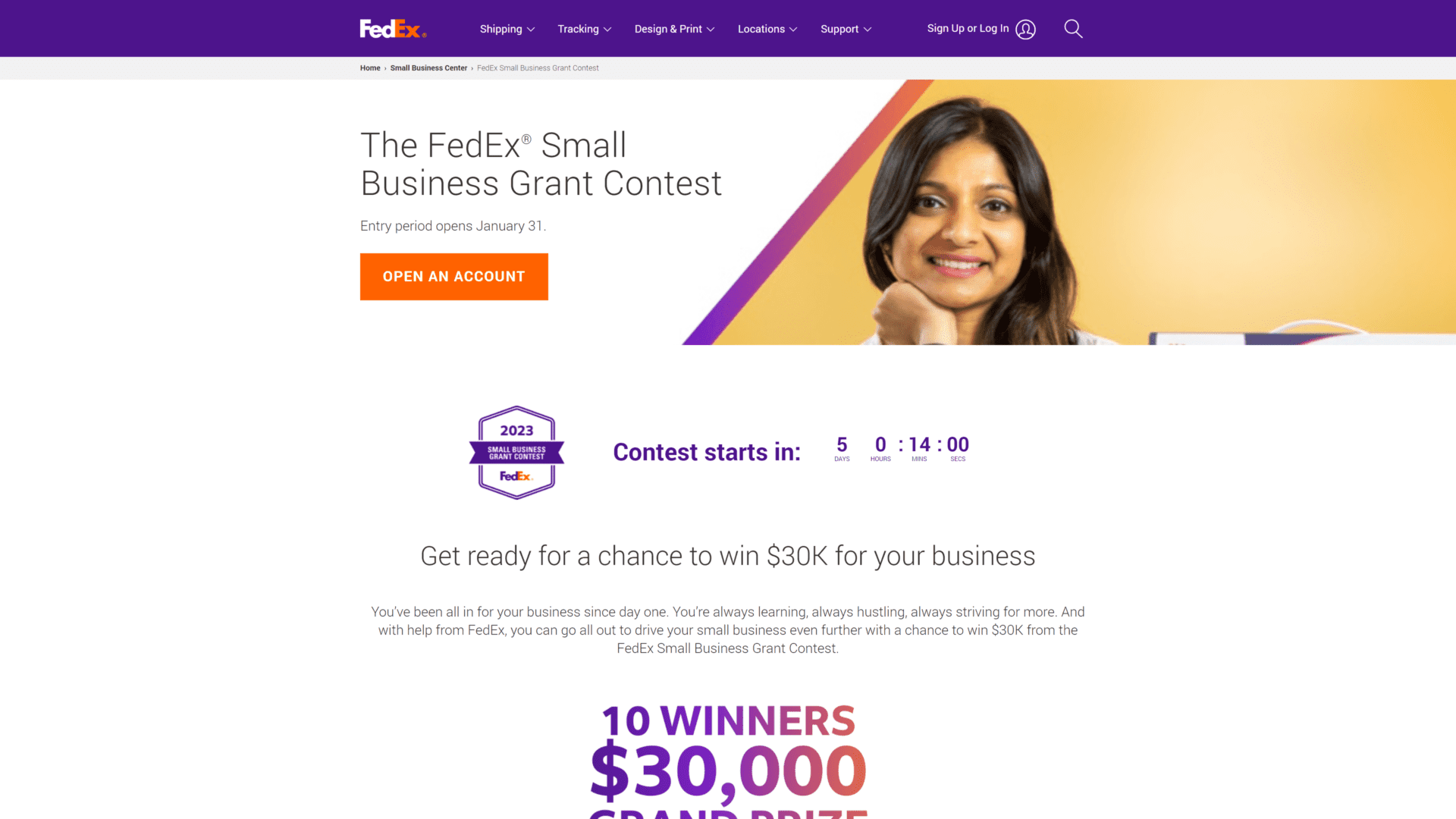 screenshot of the FedEx small business grant contest homepage