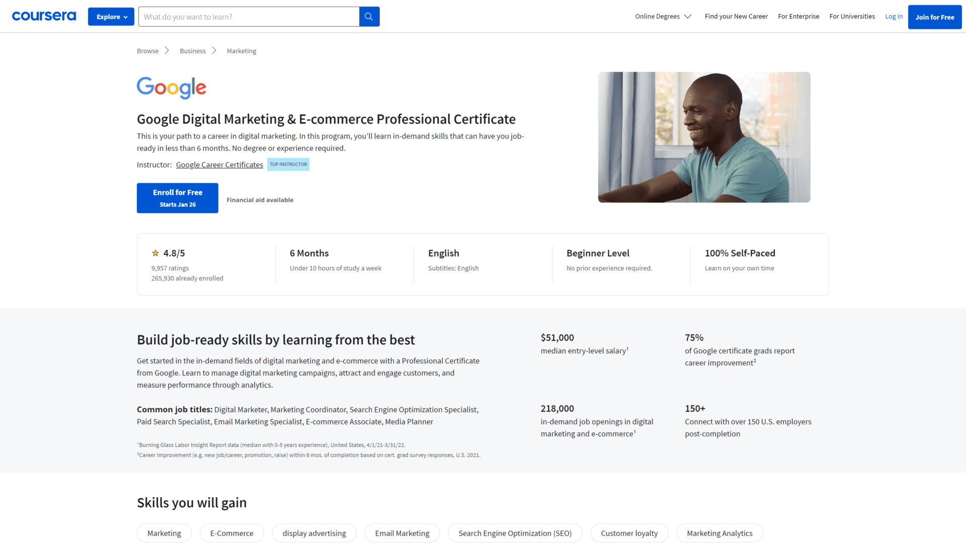 screenshot of the google digital marketing course homepage