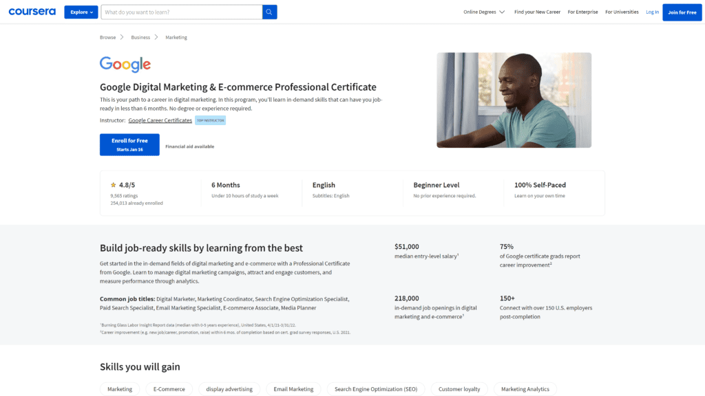 A screenshot of the google digital marketing ecommerce professional certificate homepage